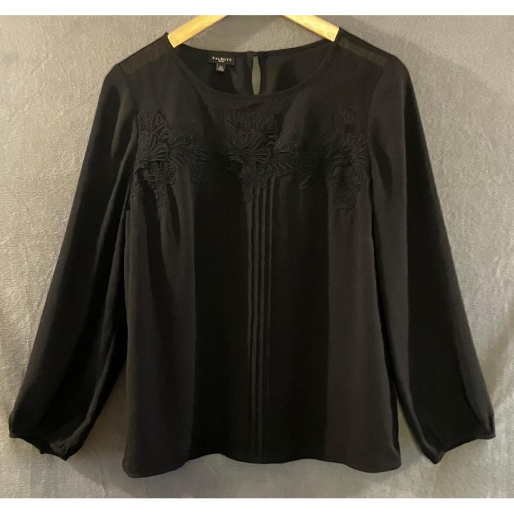 Talbots LP Petite Black Goth Lace Embroidered Pintuck Blouse Long Sleeve Top